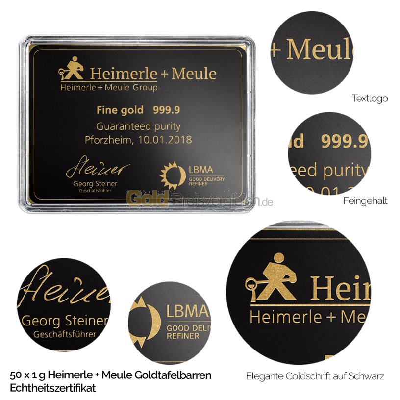 Goldtafelbarren 50 x 1 Heimerle & Meule Valcambi - Zertifikat