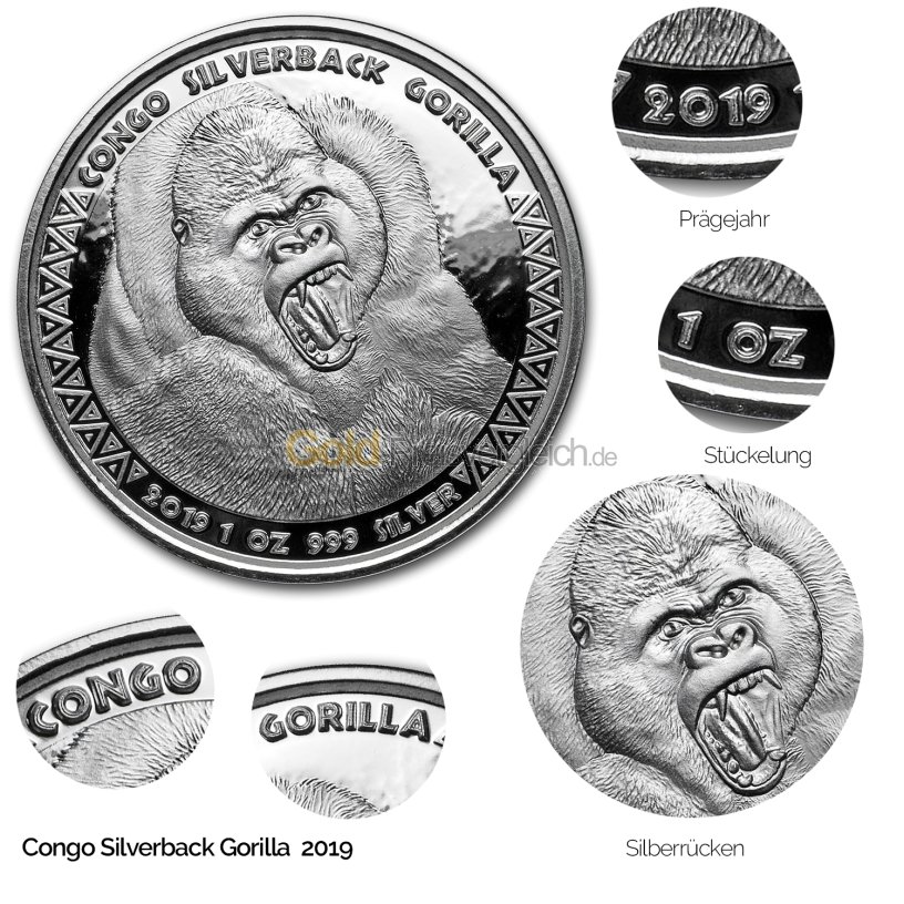 Silbermünze Congo Silverback Gorilla - Details des Revers