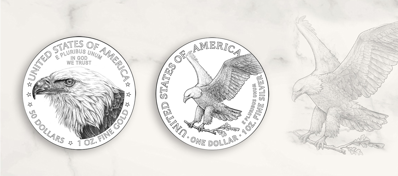 Das neue Avers-Design der American Eagle Münzen ab Sommer 2021: Links die Zeichnung der Goldmünze, rechts die der Silbermünze.