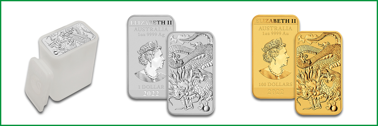 Die 2022er-Ausgaben der Dragon Rectangular Münzbarren in Silber und Gold