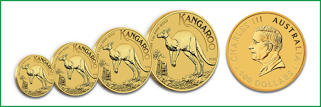 Goldmünze Australian Kangaroo 2024 in vier Standard-Stückelungen mit Jubiläums-Münzzeichen.
