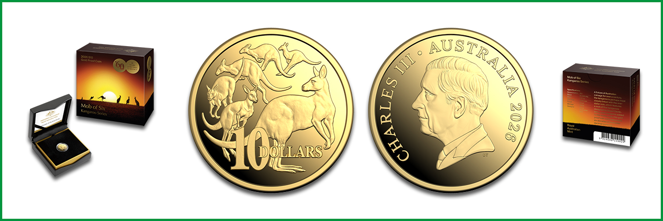Goldmünze Kangaroo Mob of Six 2026 zu 1/10 Unze