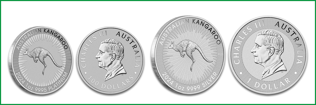 Australian Kangaroo 2024 als Platinmünze und Silbermünze zu je 1 Unze