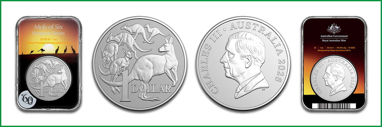 Silbermünze Kangaroo Mob of Six 2026 zu 1 Unze Stempelglanz, frosted